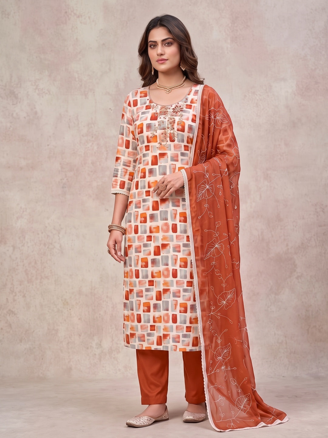 Peachmode Orange Unstitched Dress Material - Image 4