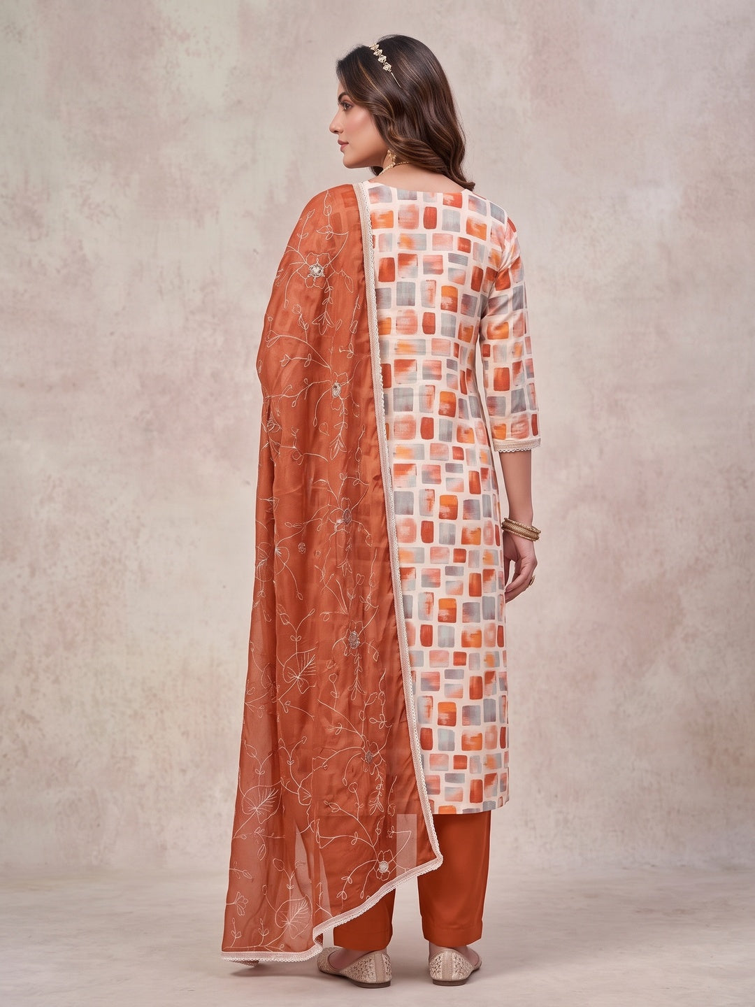 Peachmode Orange Unstitched Dress Material - Image 5