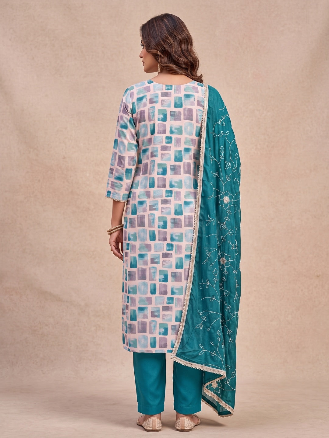 Peachmode Turquoise Unstitched Dress Material - Image 5