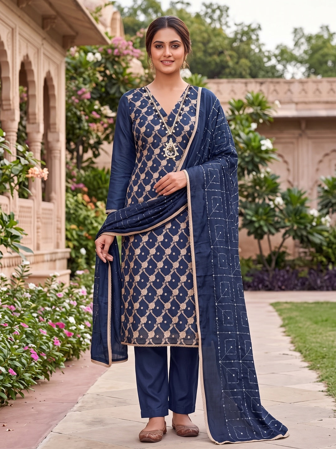 Peachmode Navy Blue Unstitched Dress Material - Image 2