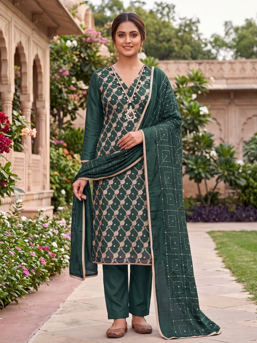 Peachmode Green Unstitched Dress Material - Image 2