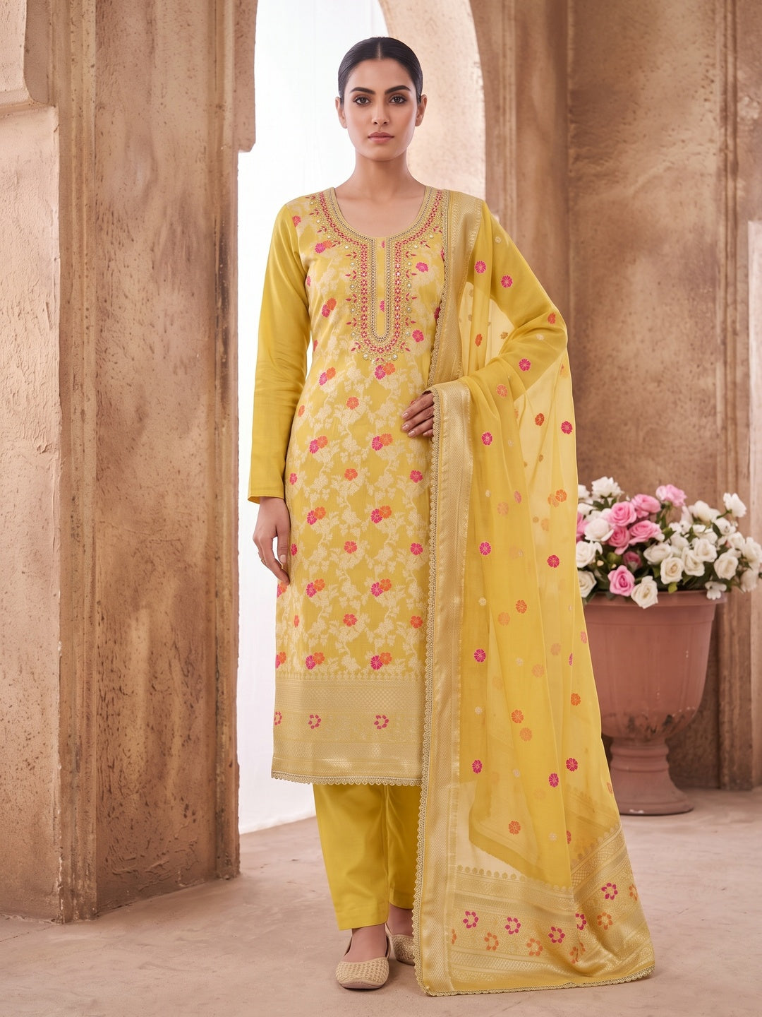 Peachmode Yellow Unstitched Dress Material - Image 2