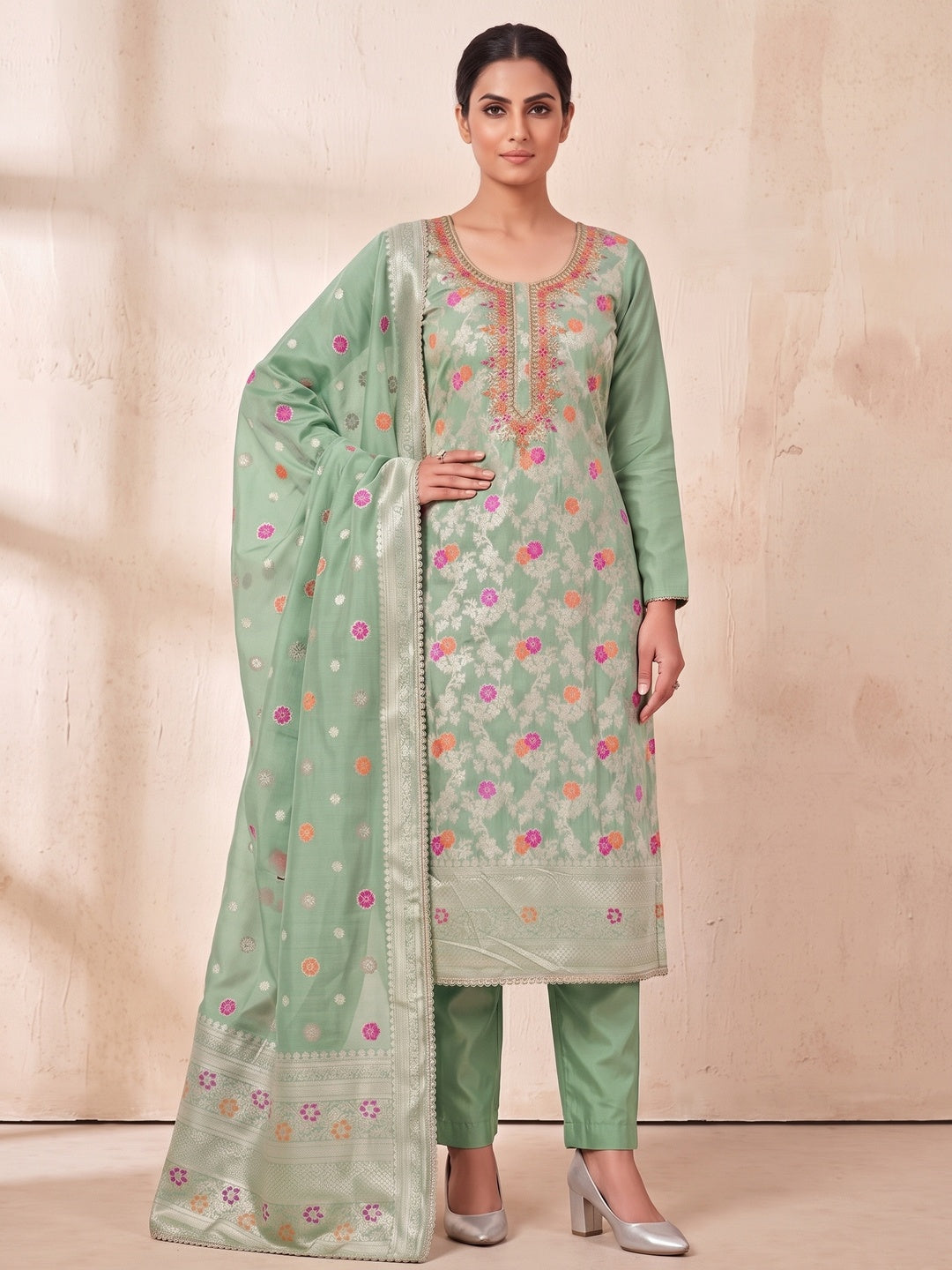 Peachmode Green Unstitched Dress Material - Image 4