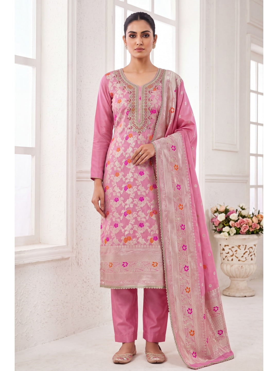 Peachmode Pink Unstitched Dress Material - Image 3