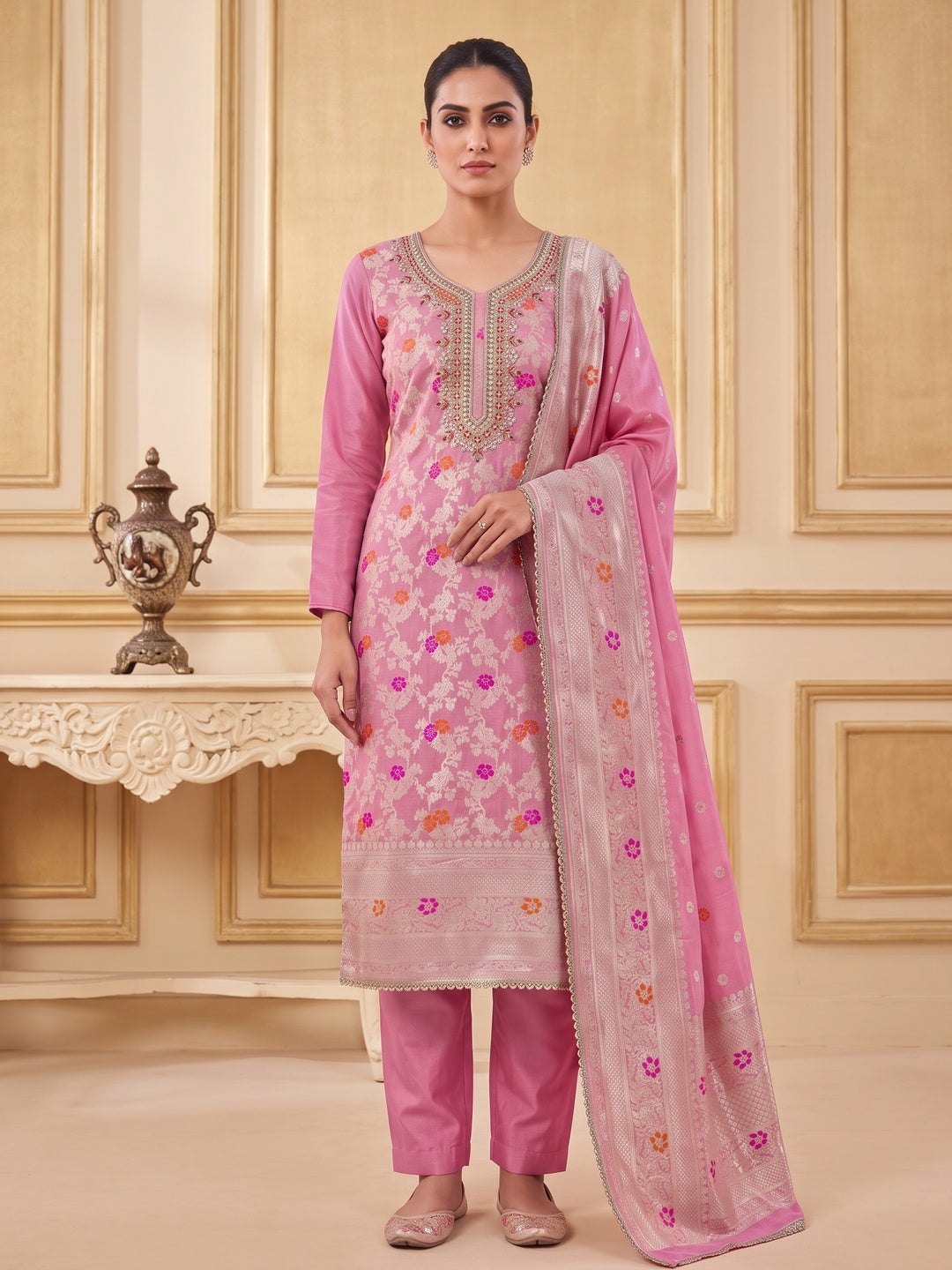 Peachmode Pink Unstitched Dress Material - Image 2