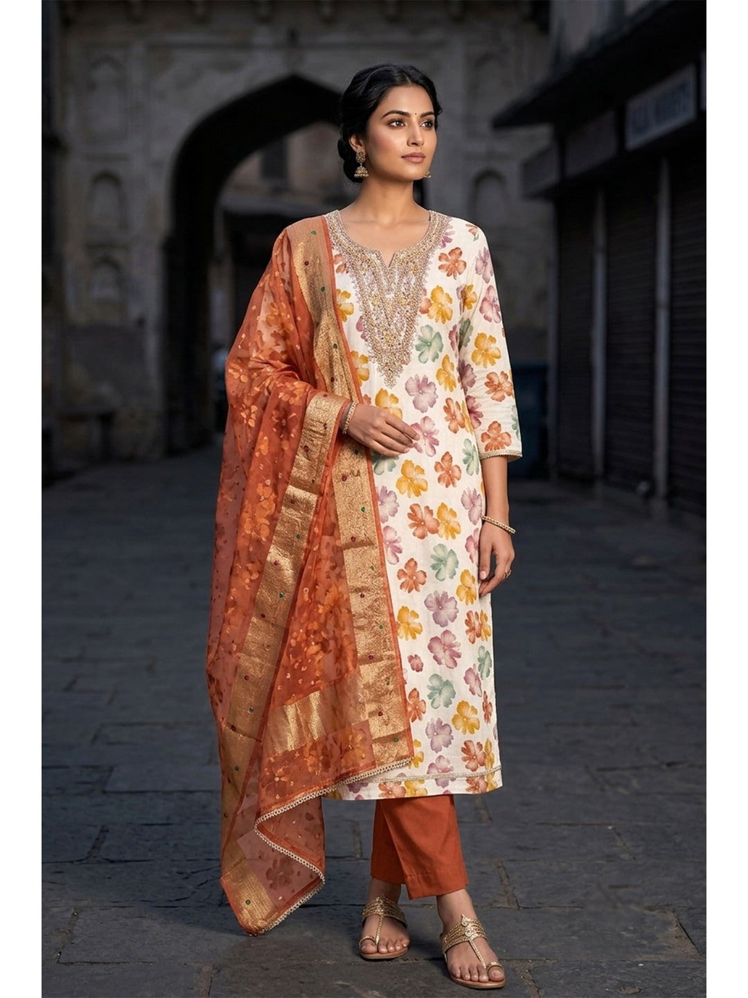Peachmode Orange Unstitched Dress Material - Image 3