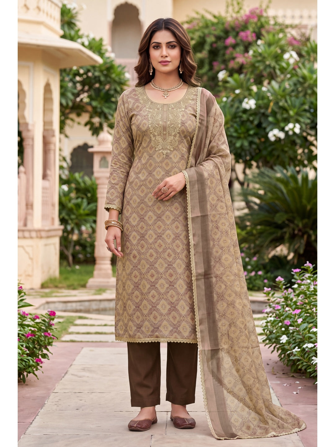 Peachmode Brown Unstitched Dress Material - Image 3