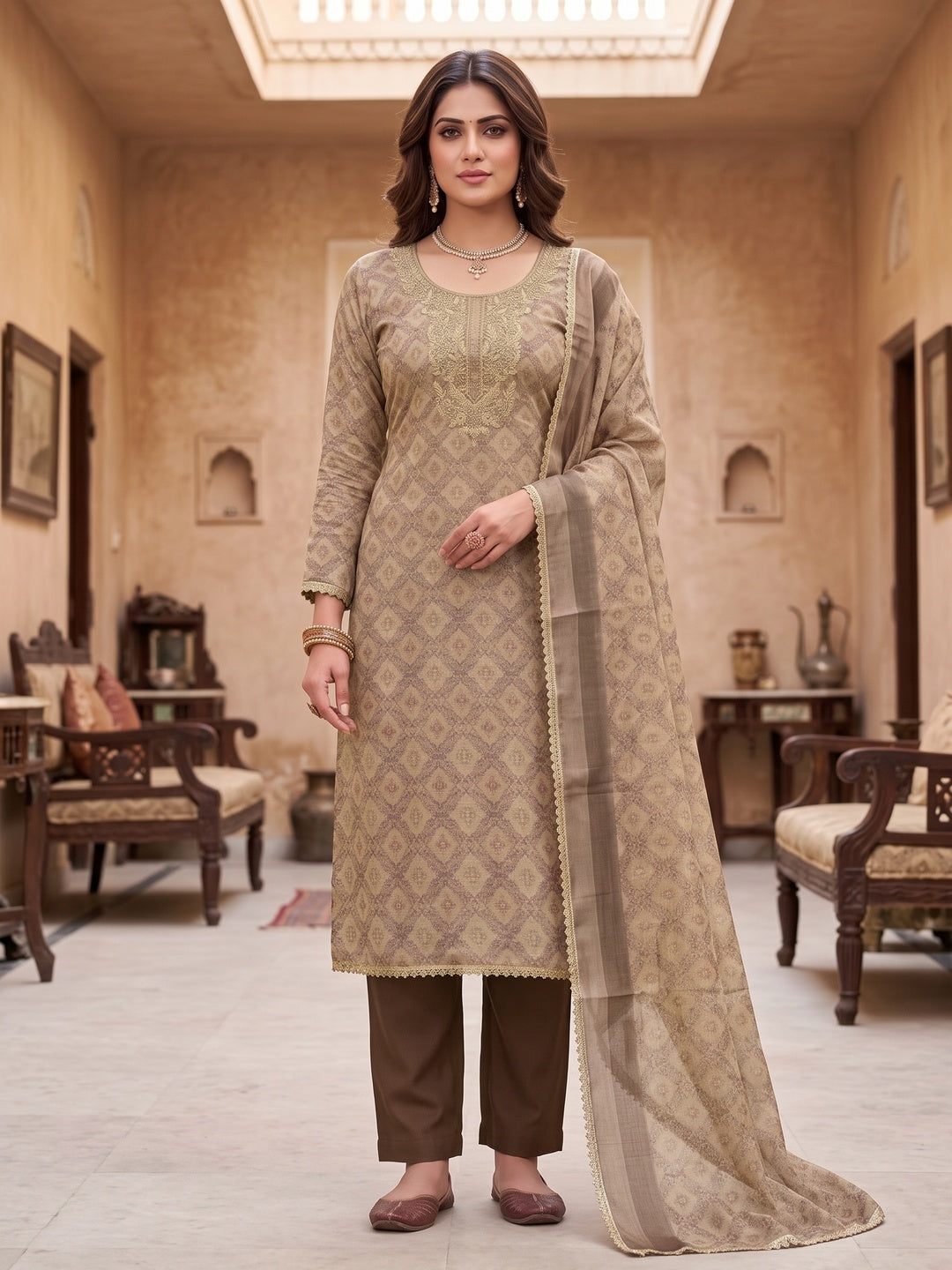 Peachmode Brown Unstitched Dress Material - Image 2