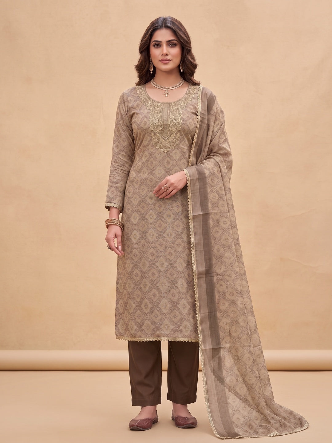 Peachmode Brown Unstitched Dress Material - Image 4