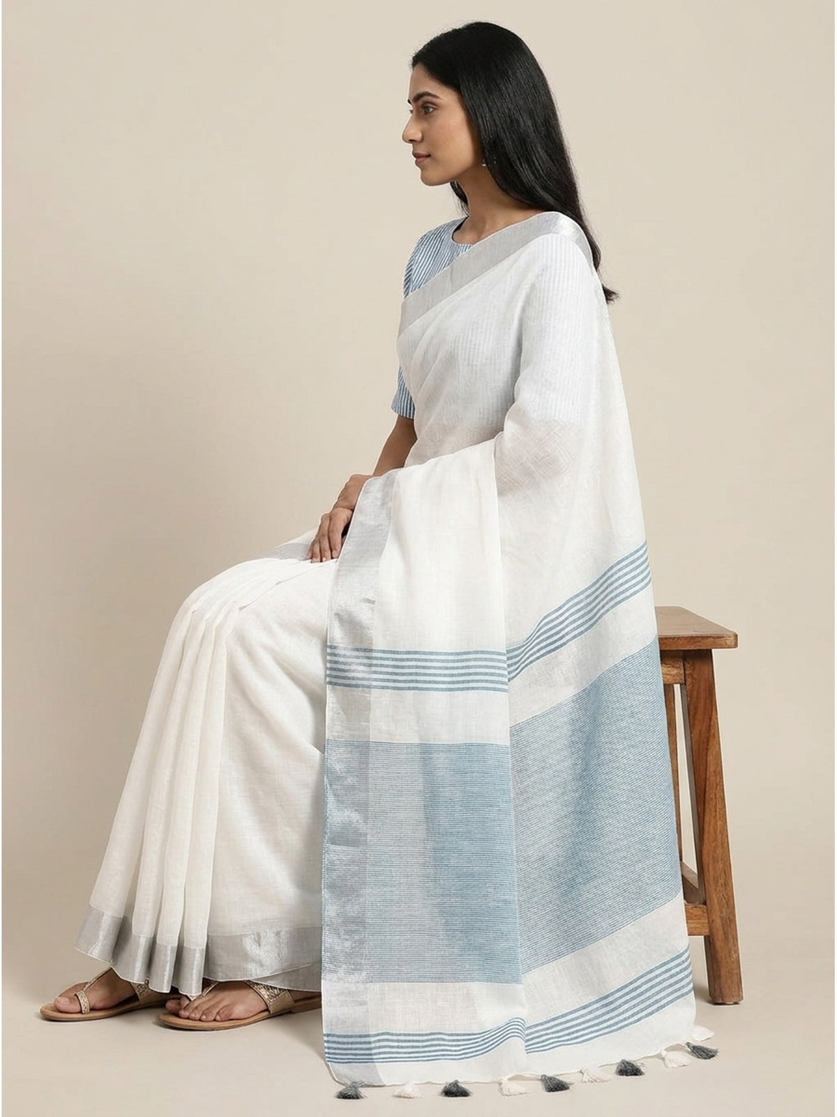 White & Blue Zari Woven Linen Saree With Tassels - Image 5