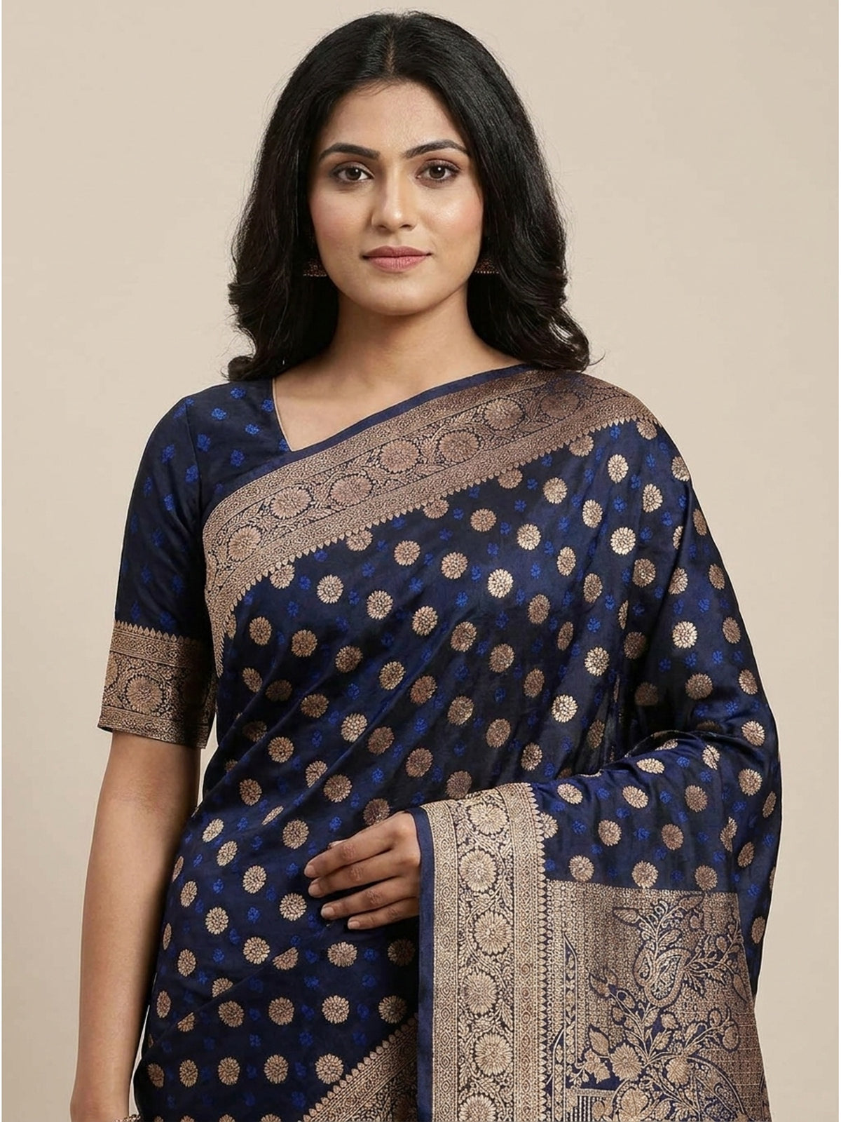 Navy Blue Classic Floral Zari Weaving Satin Silk Saree With Sophisticated Drape - Image 7