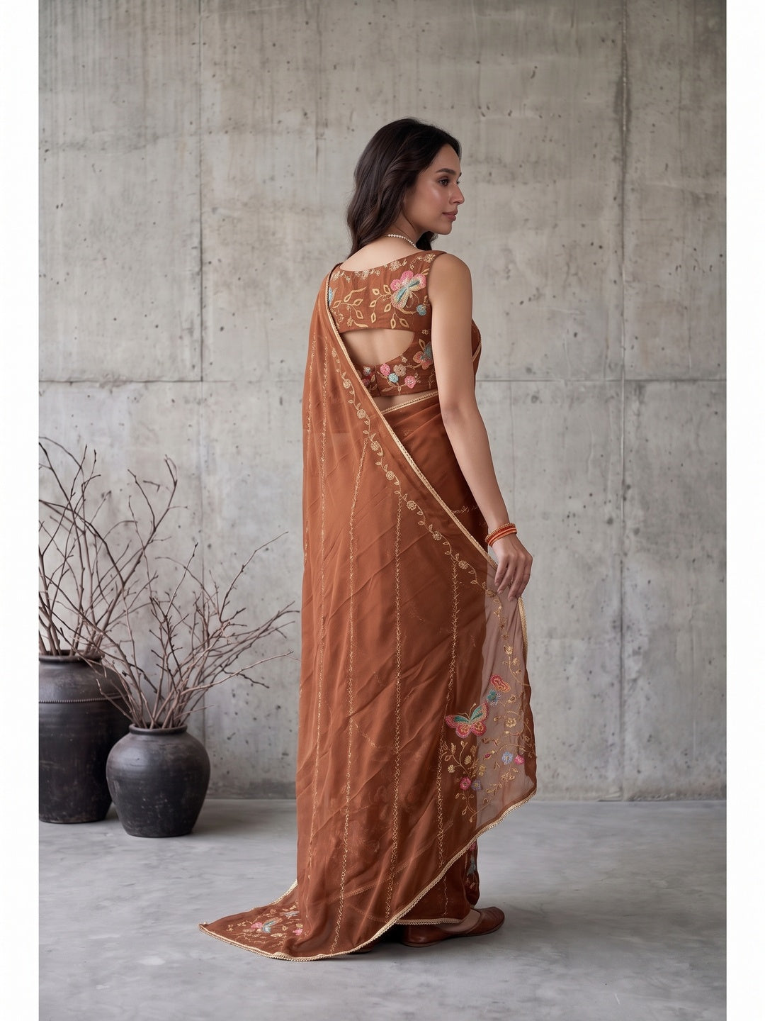 Peachmode Brown Floral Embroidered Star Georgette Saree - Image 5