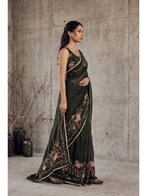 Peachmode Dark Green Floral Embroidered Star Georgette Saree - Image 2