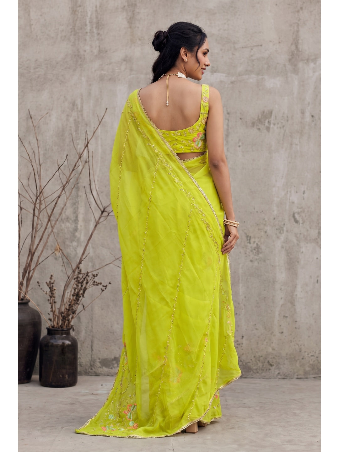 Peachmode Parrot Green Floral Embroidered Star Georgette Saree - Image 2