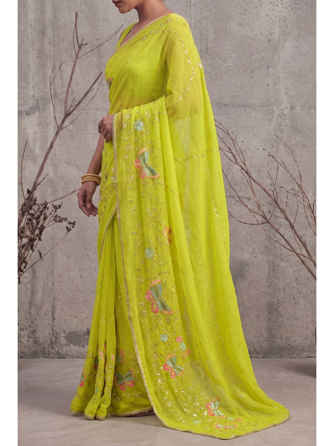 Peachmode Parrot Green Floral Embroidered Star Georgette Saree - Image 3