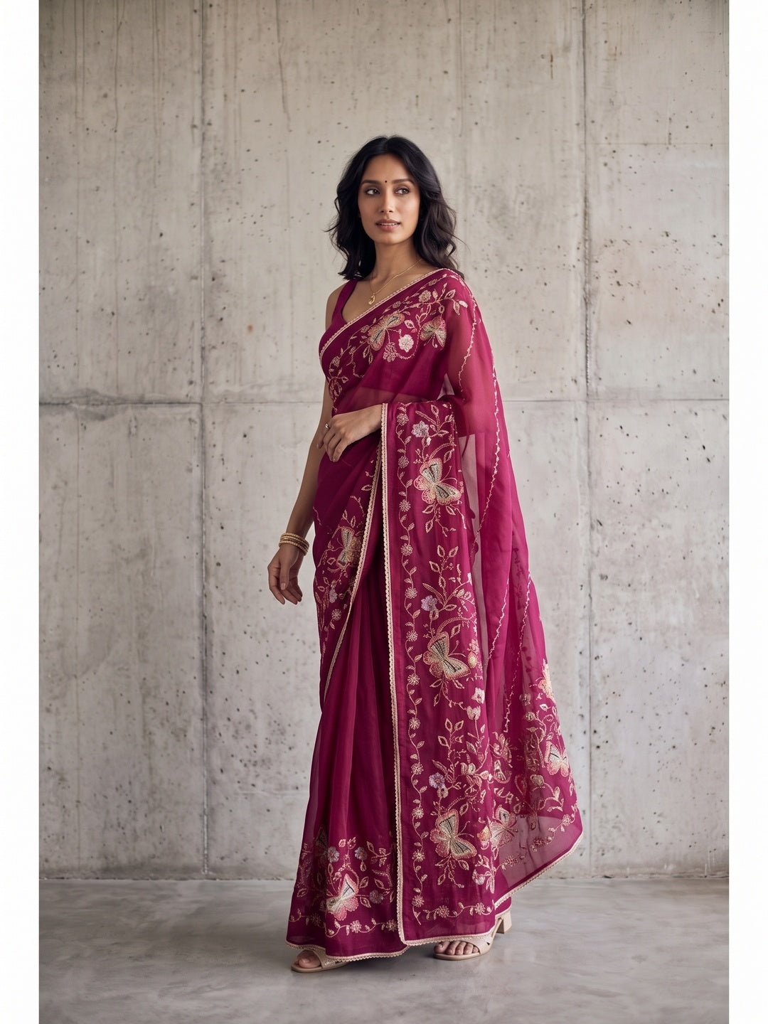 Peachmode Pink Floral Embroidered Star Georgette Saree - Image 5