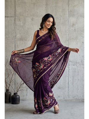 Peachmode Purple Floral Embroidered Star Georgette Saree - Image 1