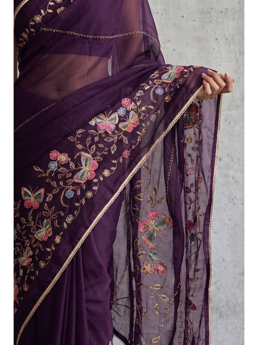 Peachmode Purple Floral Embroidered Star Georgette Saree - Image 4