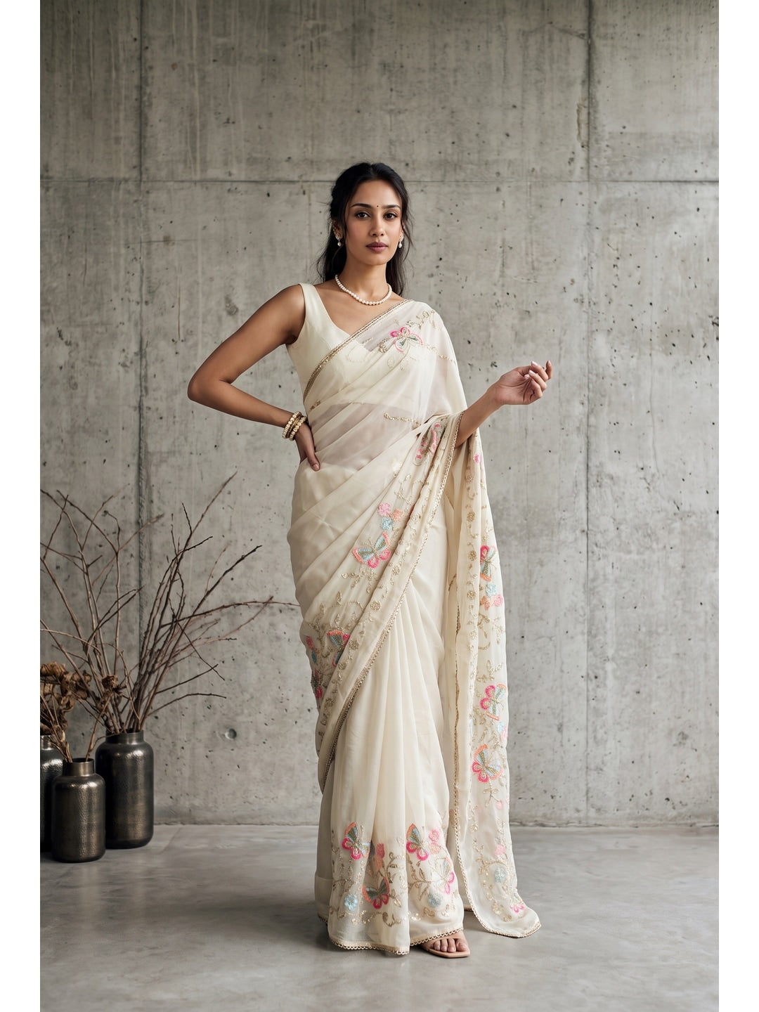 Peachmode White Floral Embroidered Star Georgette Saree - Image 1