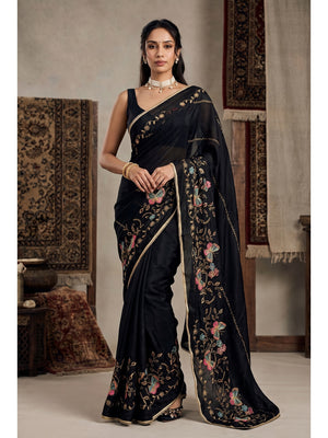 Peachmode Black Floral Embroidered Star Georgette Saree - Image 1