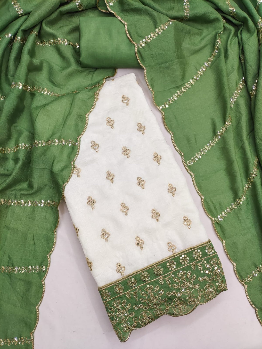 Peachmode Cream and Green Sequins Embroidered Vichitra Silk Dress Material - Image 1