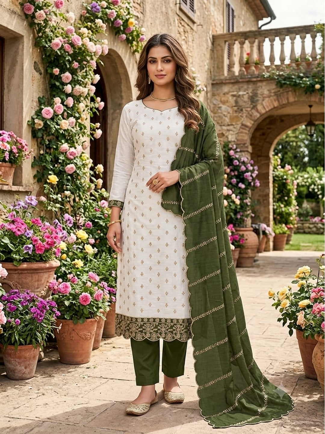 Peachmode Cream and Green Sequins Embroidered Vichitra Silk Dress Material - Image 3
