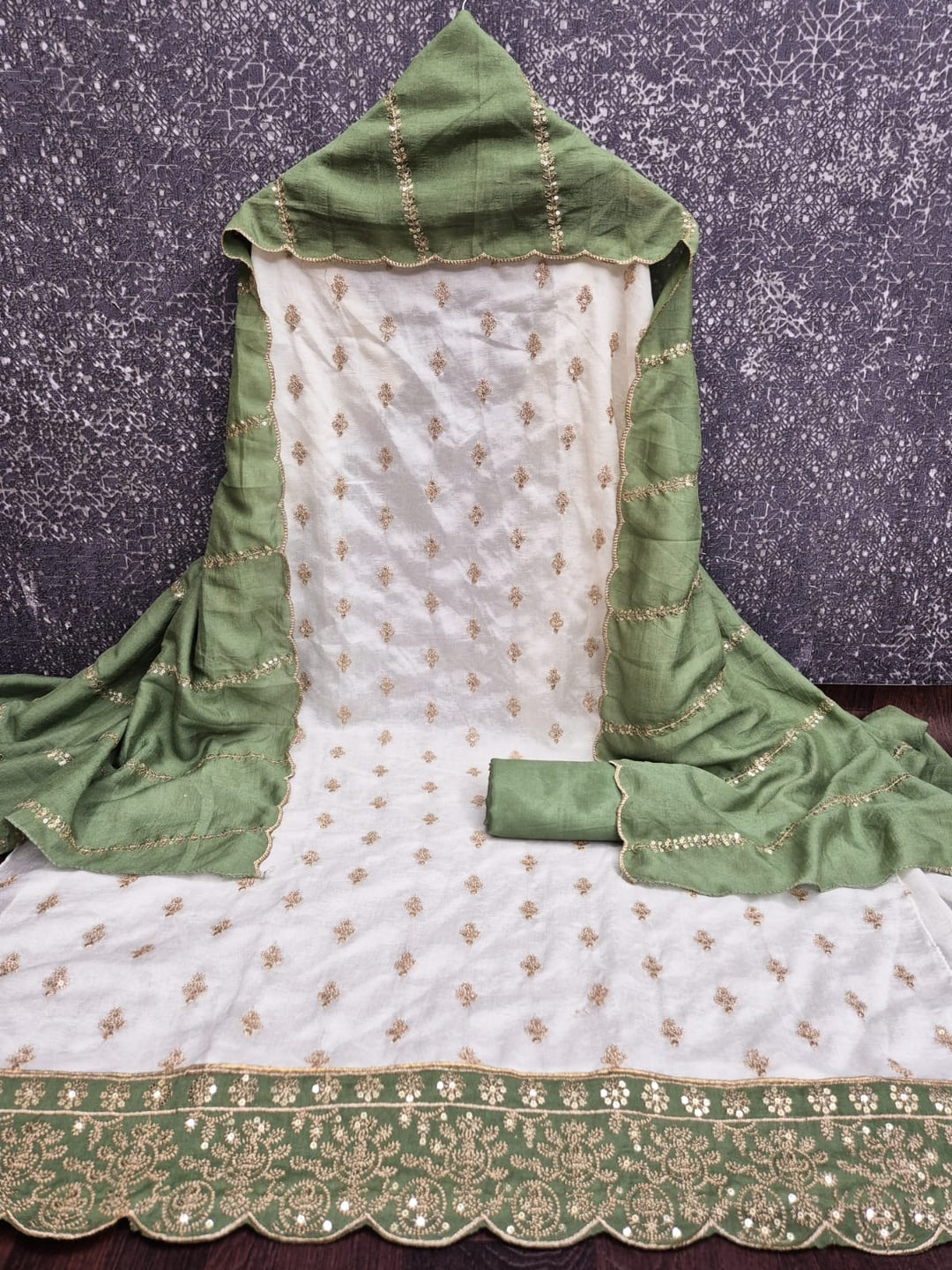 Peachmode Cream and Green Sequins Embroidered Vichitra Silk Dress Material - Image 5