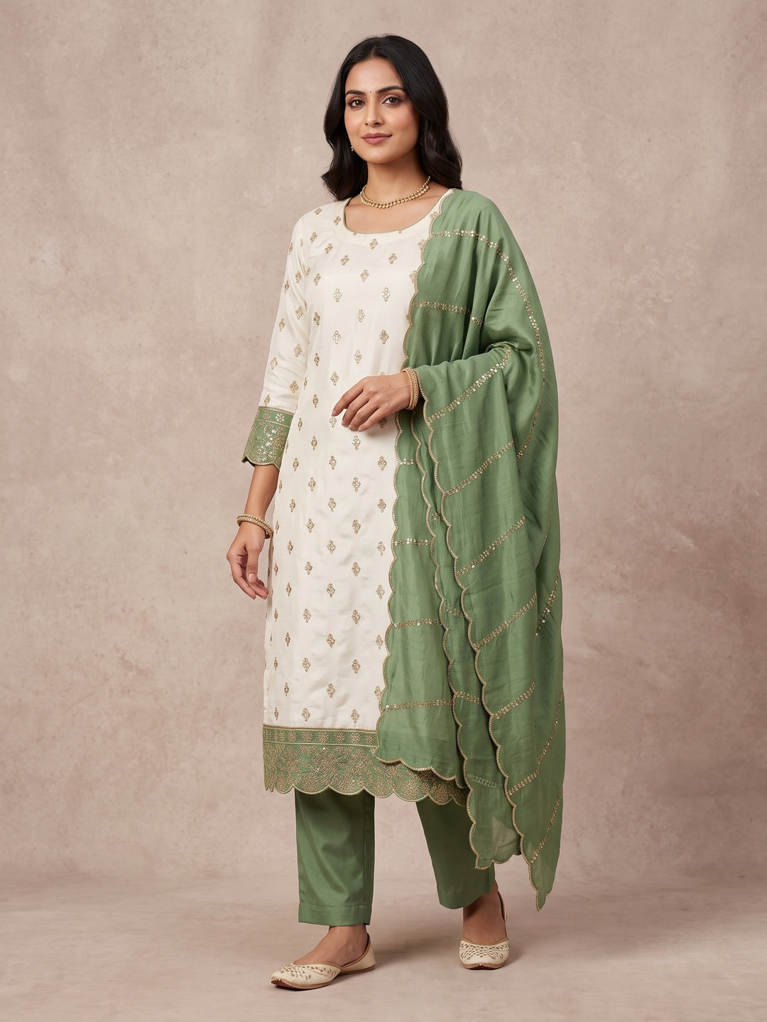 Peachmode Cream and Green Sequins Embroidered Vichitra Silk Dress Material - Image 2