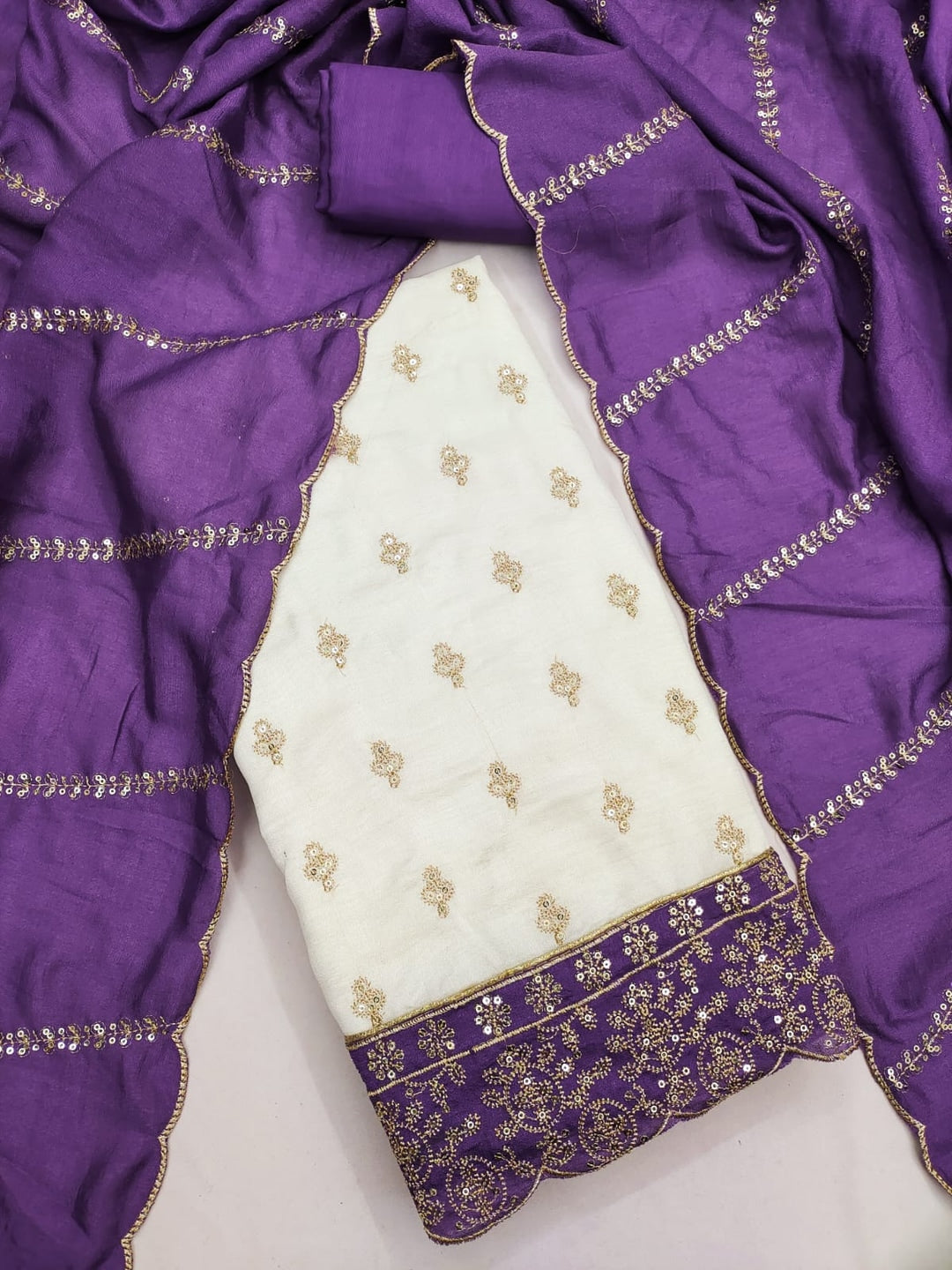 Peachmode Cream and Purple Sequins Embroidered Vichitra Silk Dress Material - Image 1