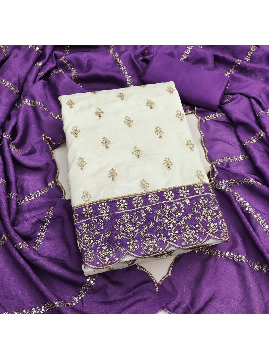 Peachmode Cream and Purple Sequins Embroidered Vichitra Silk Dress Material - Image 4