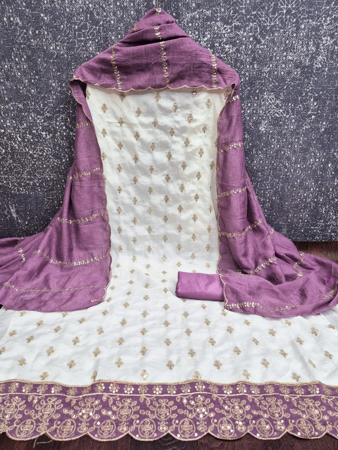 Peachmode Cream and Lavender Sequins Embroidered Vichitra Silk Dress Material - Image 3