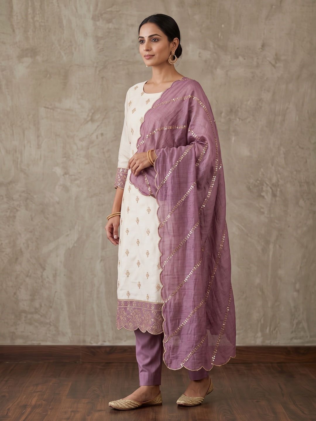 Peachmode Cream and Lavender Sequins Embroidered Vichitra Silk Dress Material - Image 5