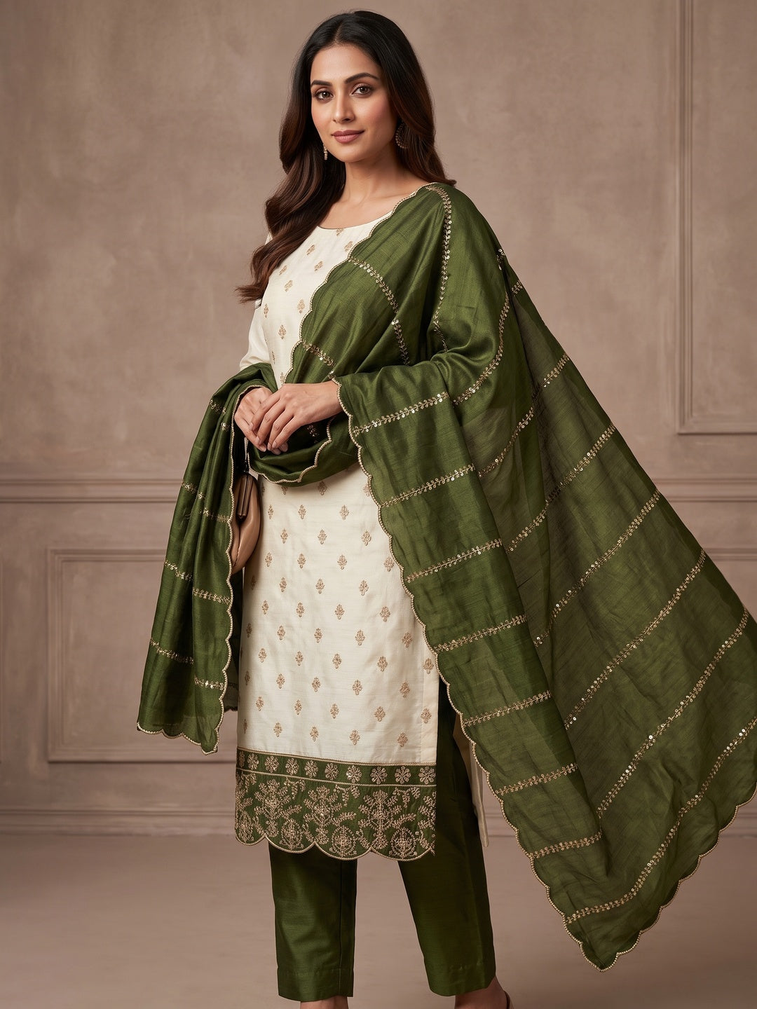 Peachmode Cream and Olive Sequins Embroidered Vichitra Silk Dress Material - Image 2