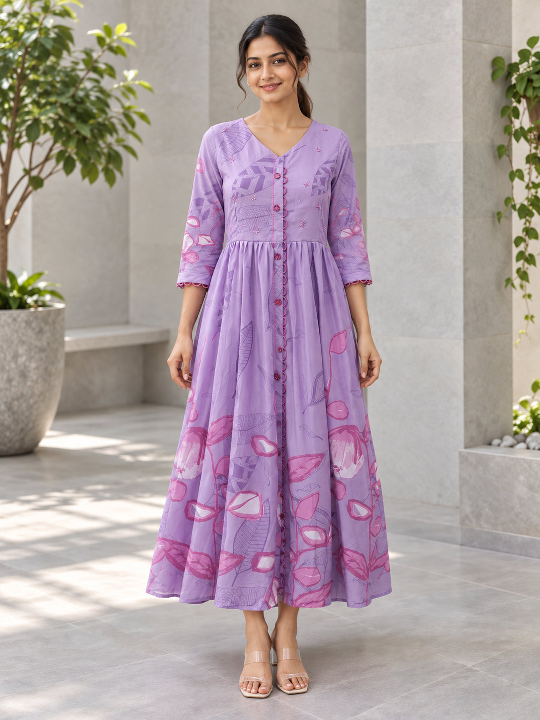 Peachmode Lavender Crepe Floral Embellished Tiered Maxi Dress - Image 2