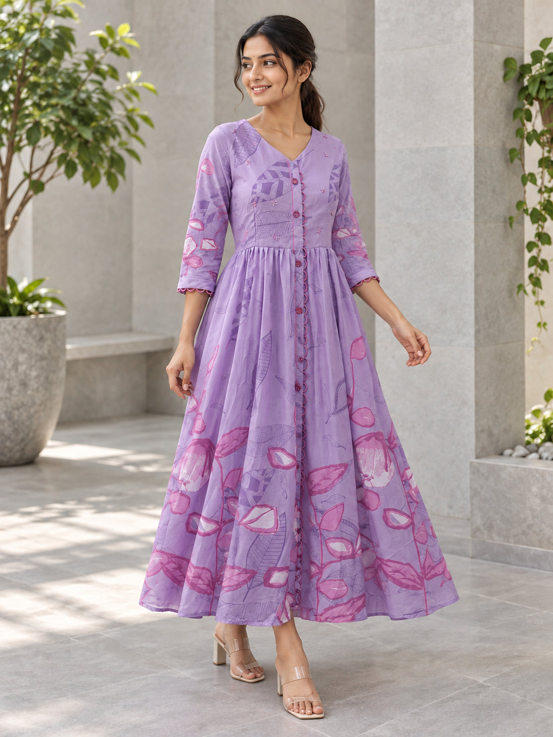 Peachmode Lavender Crepe Floral Embellished Tiered Maxi Dress - Image 3