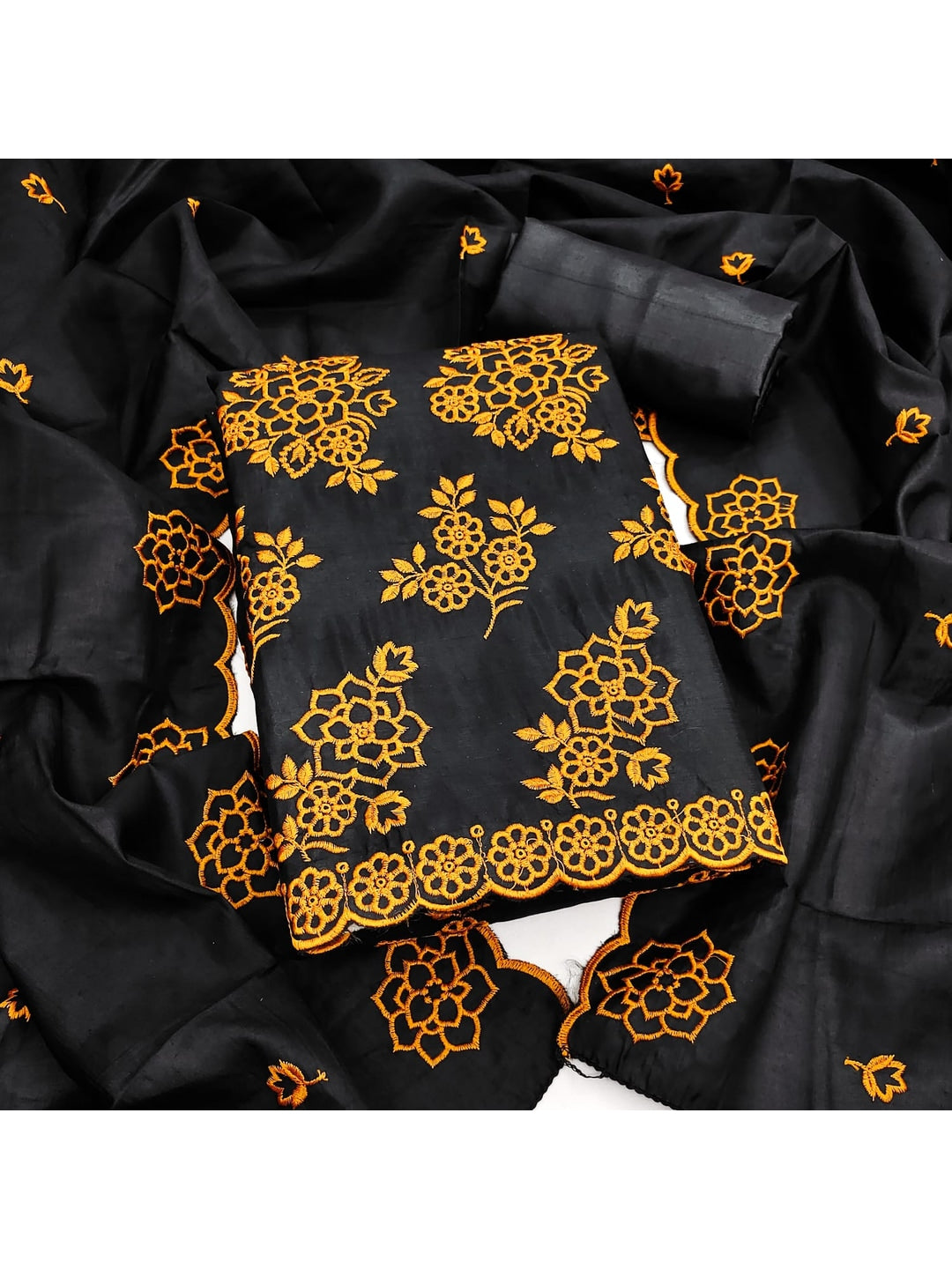 Peachmode Black Floral Embroidered Parampara Silk Dress Material - Image 4