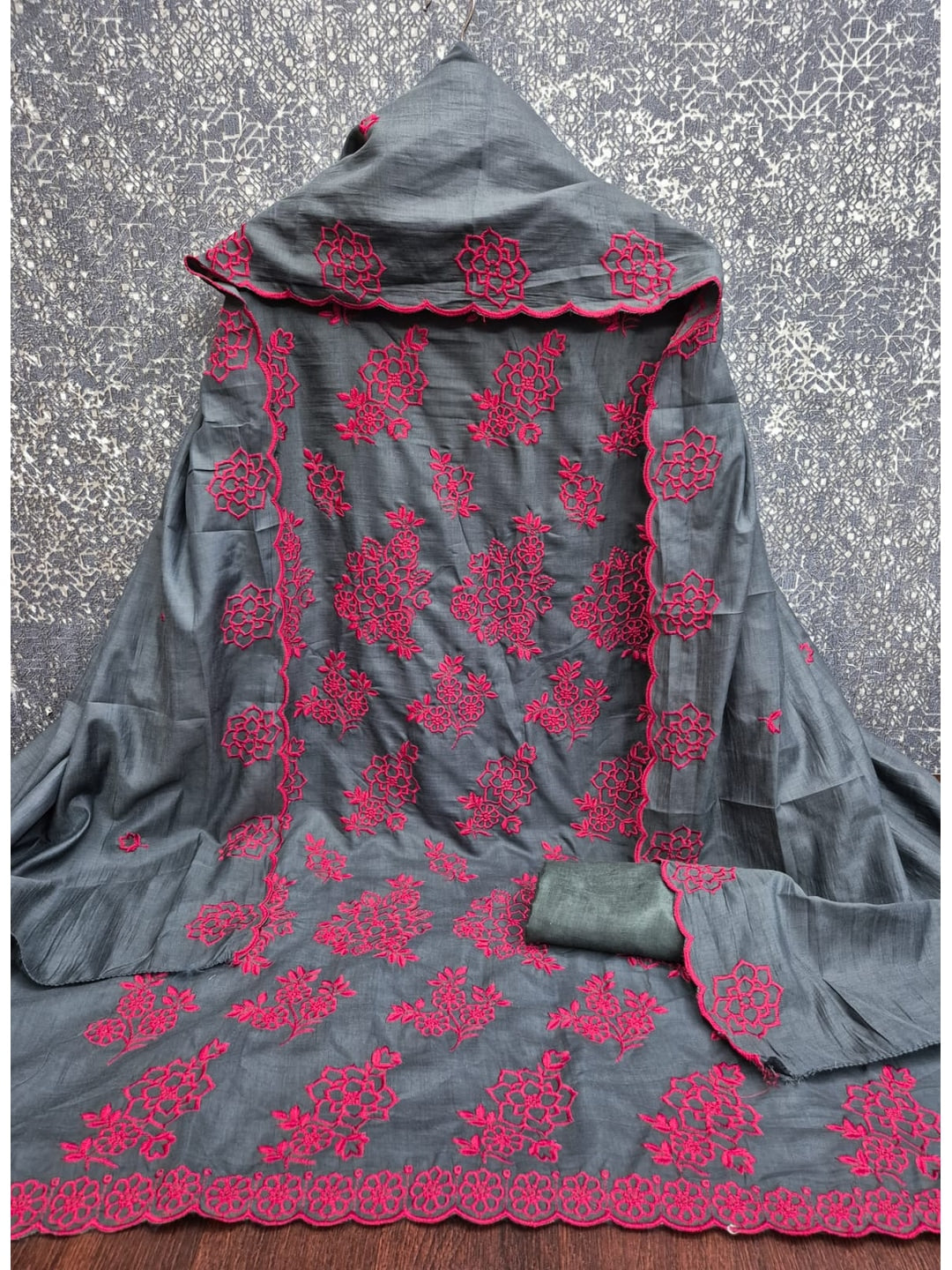 Peachmode Grey Floral Embroidered Parampara Silk Dress Material - Image 1