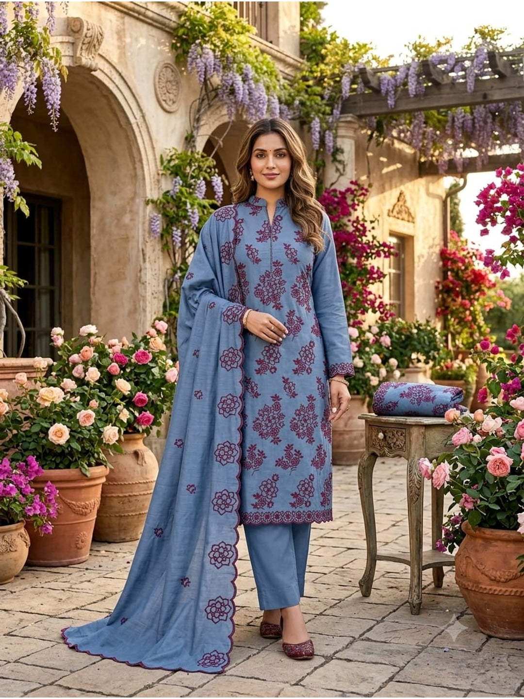 Peachmode Blue Floral Embroidered Parampara Silk Dress Material - Image 3
