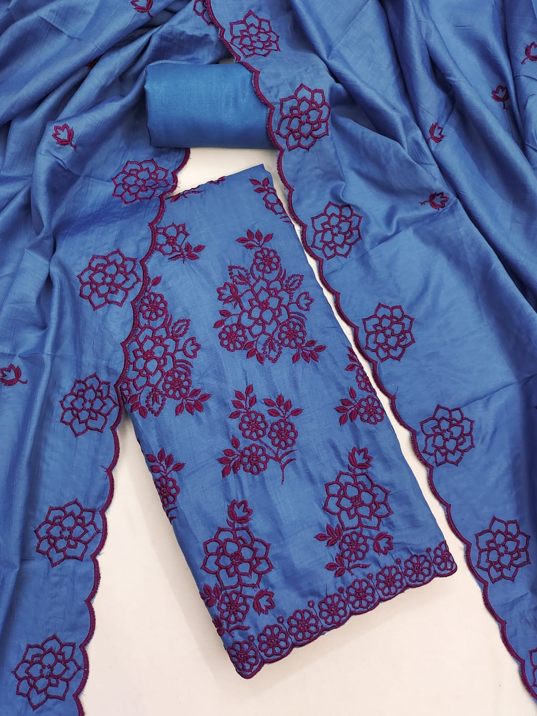 Peachmode Blue Floral Embroidered Parampara Silk Dress Material - Image 4