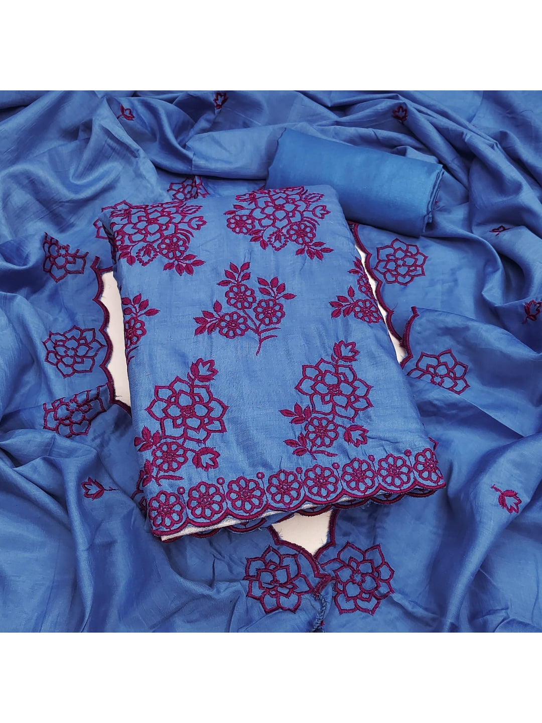 Peachmode Blue Floral Embroidered Parampara Silk Dress Material - Image 5