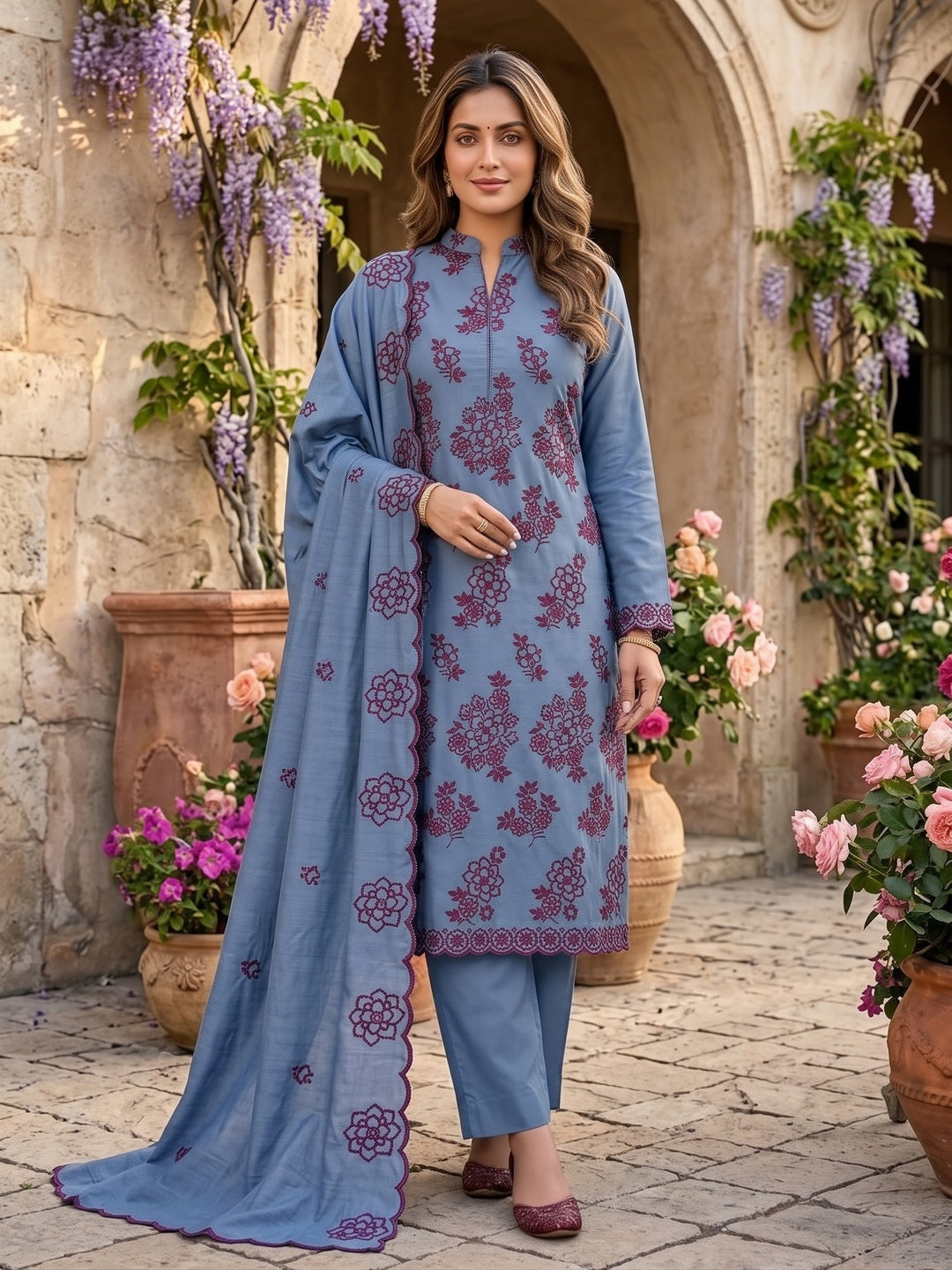 Peachmode Blue Floral Embroidered Parampara Silk Dress Material - Image 2