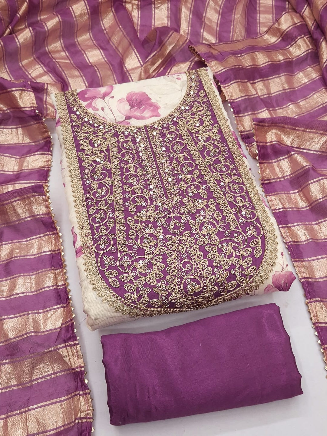 Peachmode Cream Purple Floral Sequins Simmer Silk Dress Material - Image 1