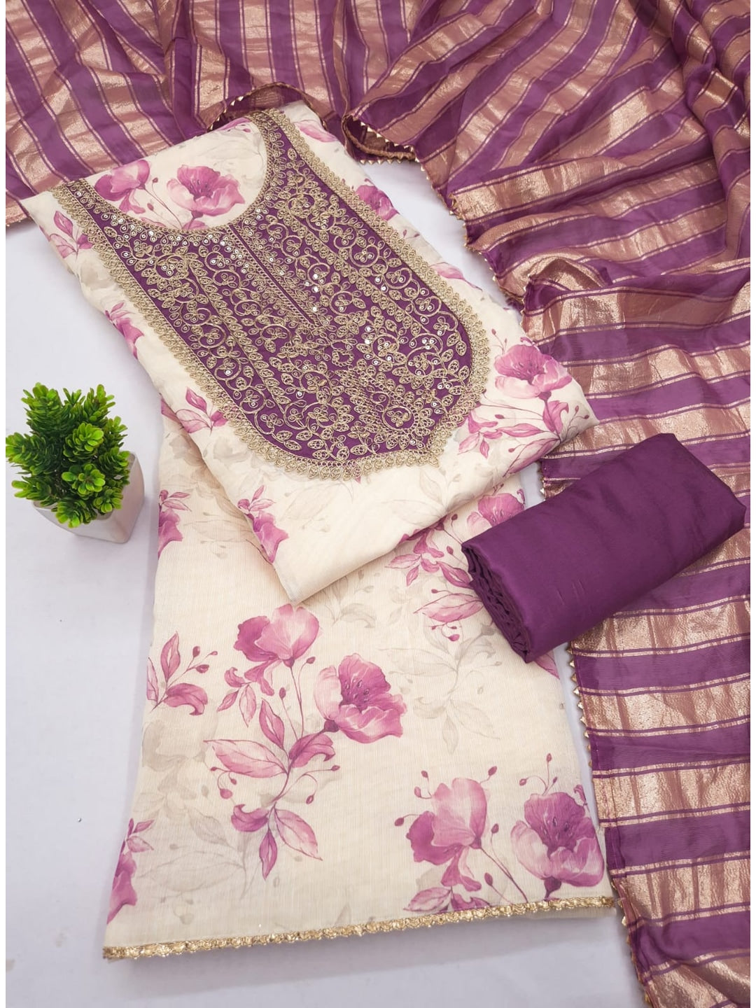 Peachmode Cream Purple Floral Sequins Simmer Silk Dress Material - Image 5