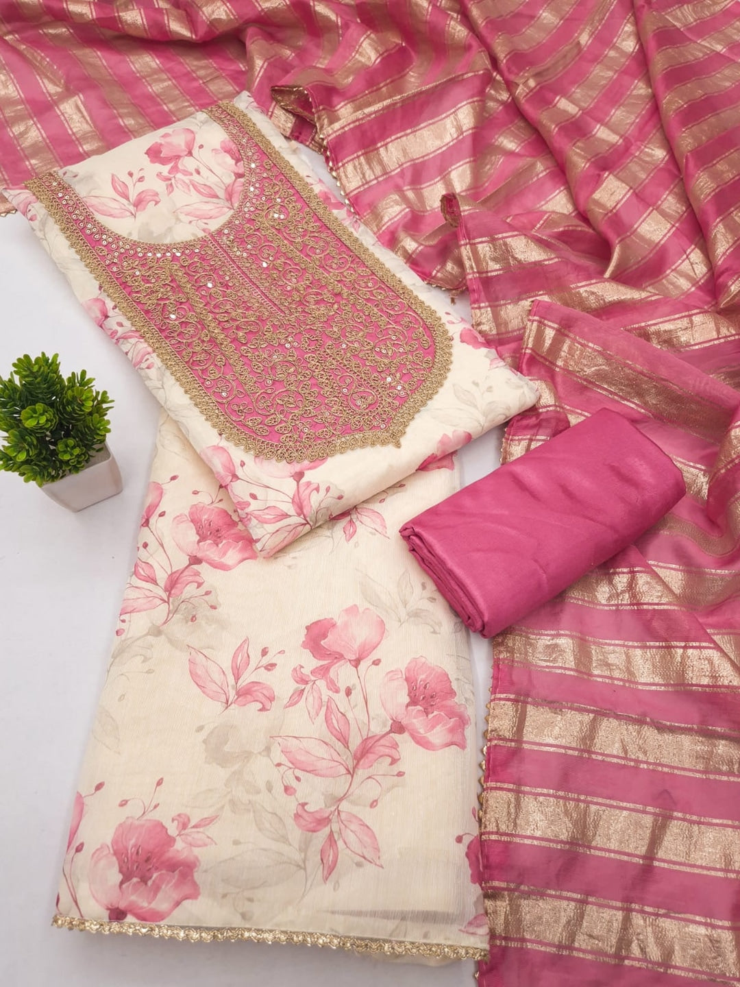 Peachmode Cream Pink Floral Sequins Simmer Silk Dress Material - Image 1