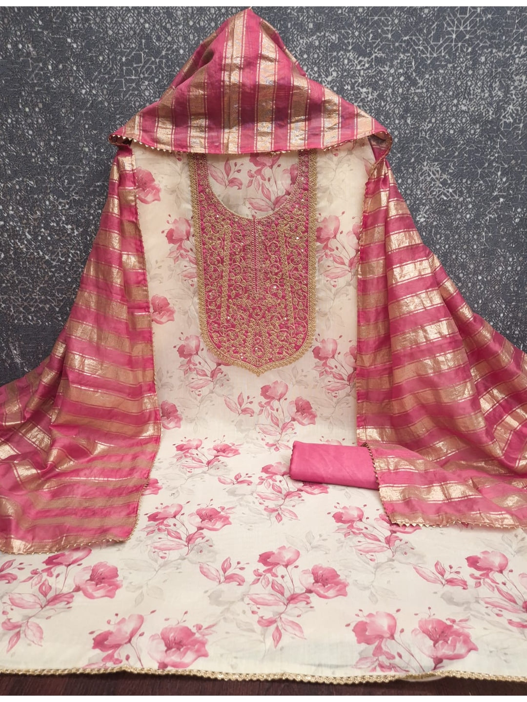 Peachmode Cream Pink Floral Sequins Simmer Silk Dress Material - Image 4