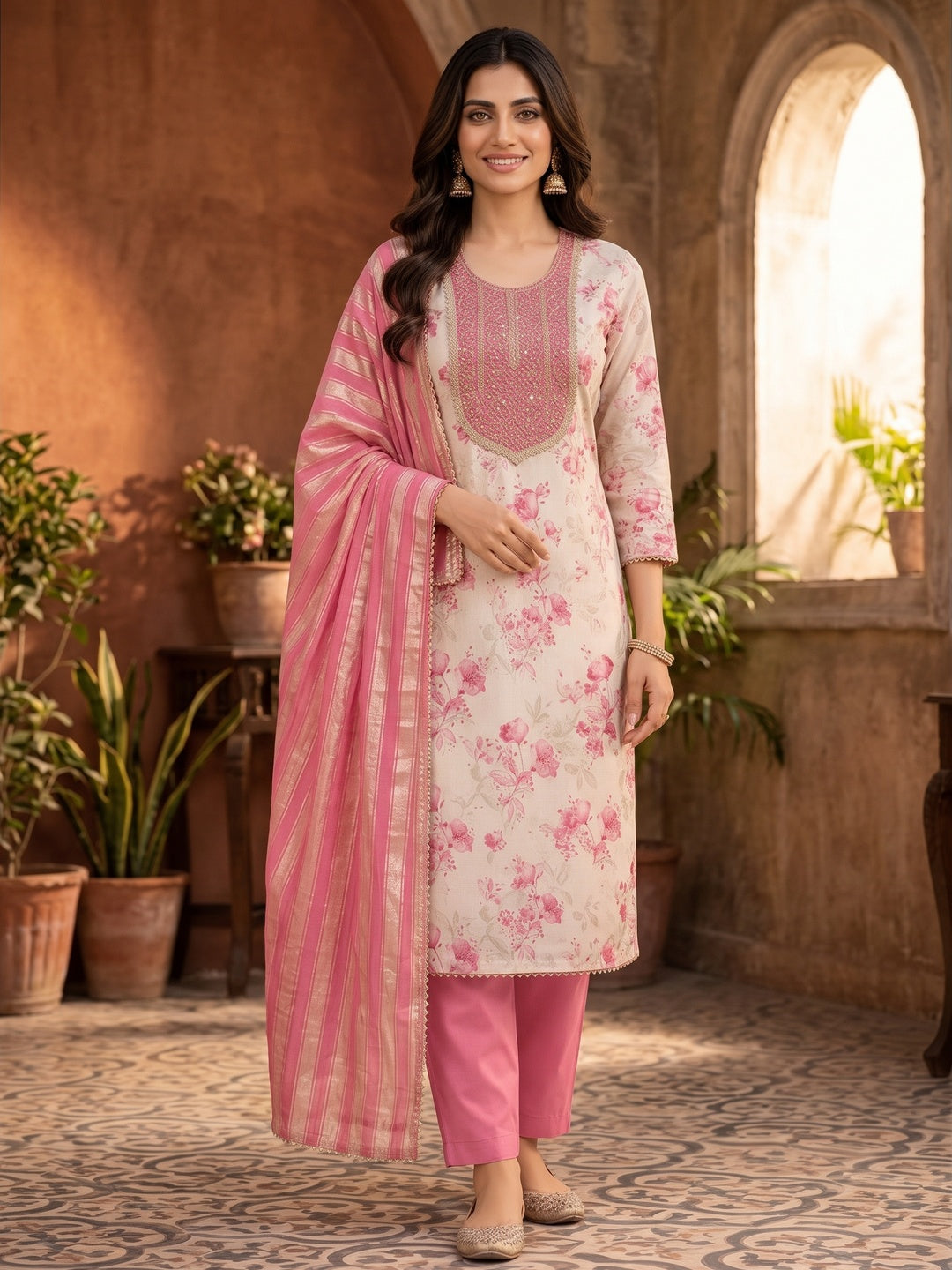 Peachmode Cream Pink Floral Sequins Simmer Silk Dress Material - Image 2