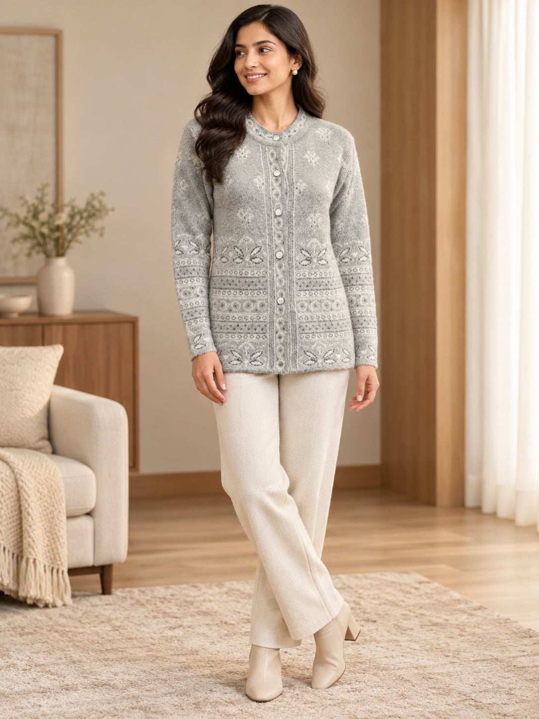 Grey Floral Border Woolen Cardigan - Image 1