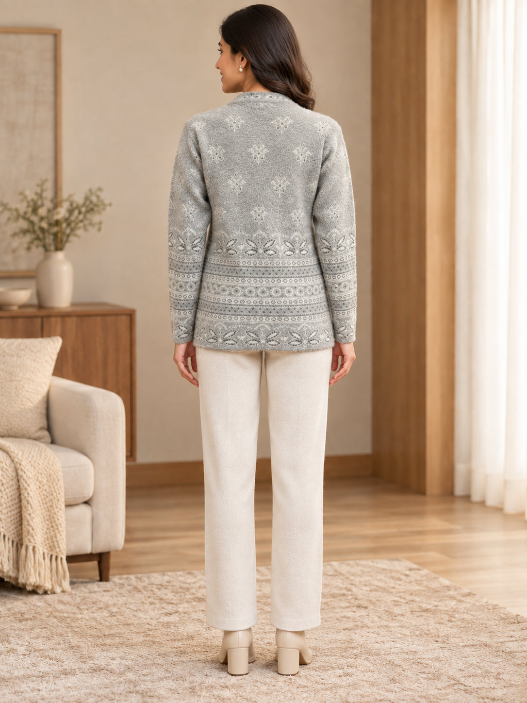Grey Floral Border Woolen Cardigan - Image 4