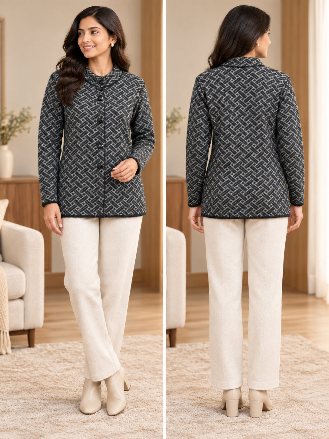 Black Geometric Knit Woolen Cardigan - Image 4