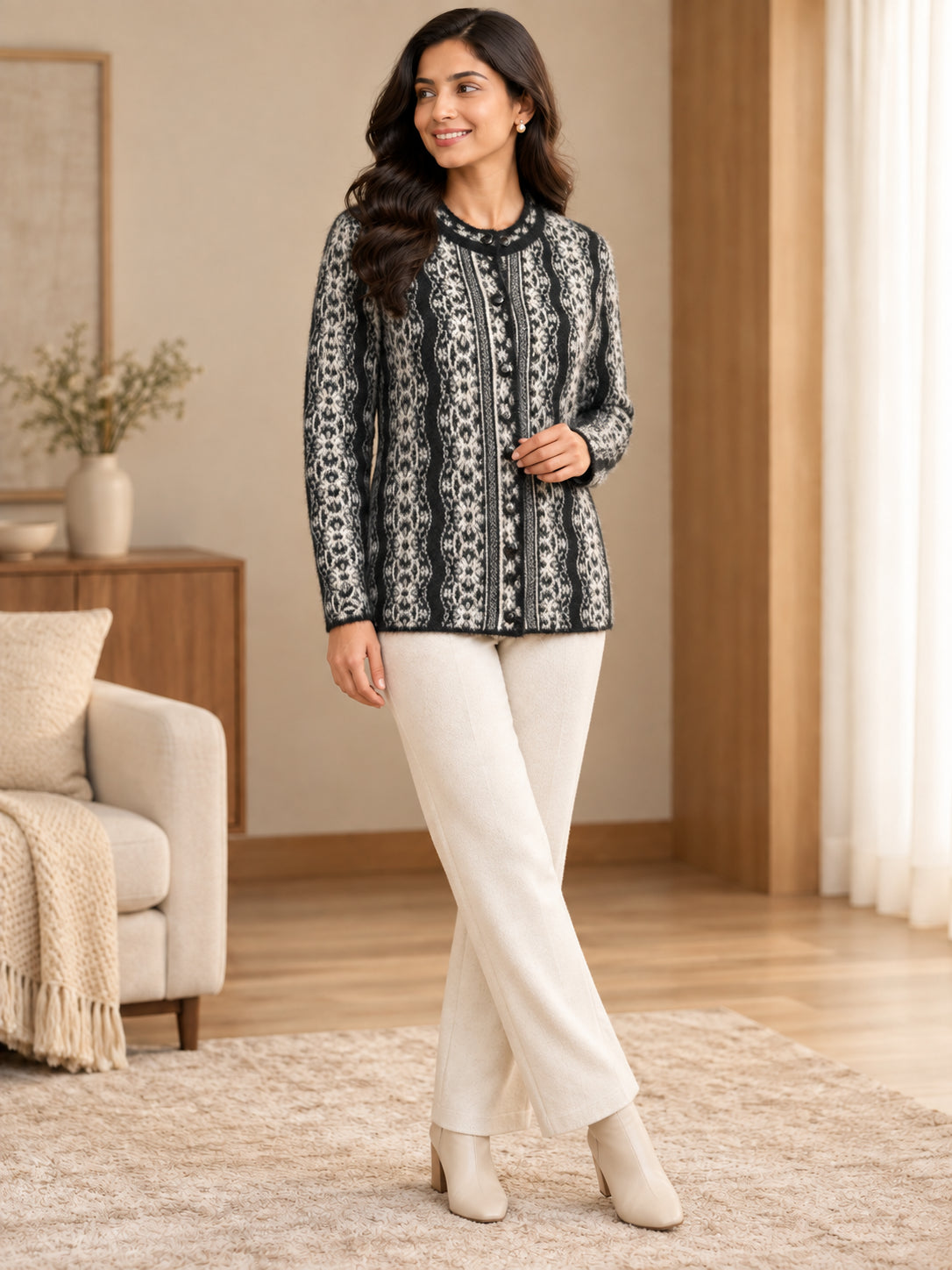 Black Botanical Stripe Woolen Cardigan - Image 3